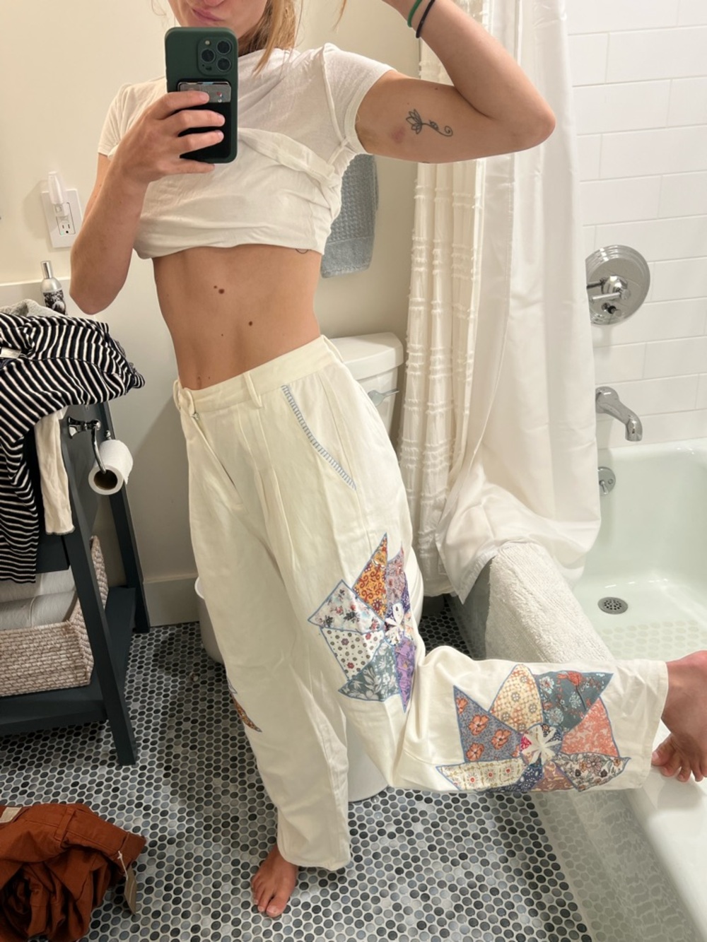 Anthropologie Cream Wide-Leg Patchwork Star Pants - Picture 2 of 4